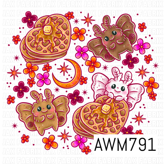 A whimsical PNG featuring adorable fluffy moths, golden waffles drizzled with syrup and butter, a crescent moon, retro flowers, and sparkling stars in warm pink, orange, and brown tones. This playful artwork is perfect for apparel, bows, bags, stickers, tumblers, stationery, and other fun sewing and crafting projects.