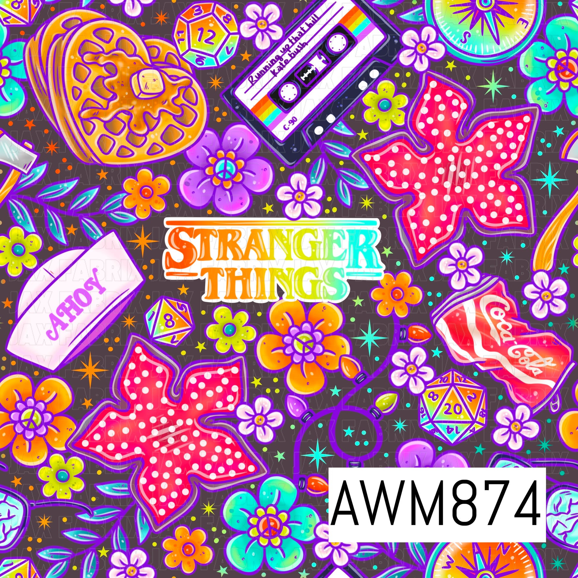 A bold neon retro-inspired seamless pattern featuring bright pink polka-dot bows, colorful flowers, rainbow-accented cassette tapes, waffles, gaming dice, string lights, a compass, and sparkling stars. Set against a dark charcoal background, this vibrant design combines nostalgic 80s aesthetics with playful pastel and neon colors for a fun, energetic, and eye-catching look.