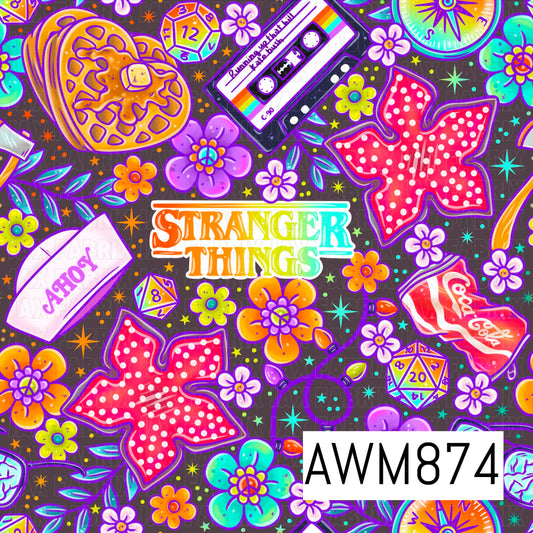 A bold neon retro-inspired seamless pattern featuring bright pink polka-dot bows, colorful flowers, rainbow-accented cassette tapes, waffles, gaming dice, string lights, a compass, and sparkling stars. Set against a dark charcoal background, this vibrant design combines nostalgic 80s aesthetics with playful pastel and neon colors for a fun, energetic, and eye-catching look.