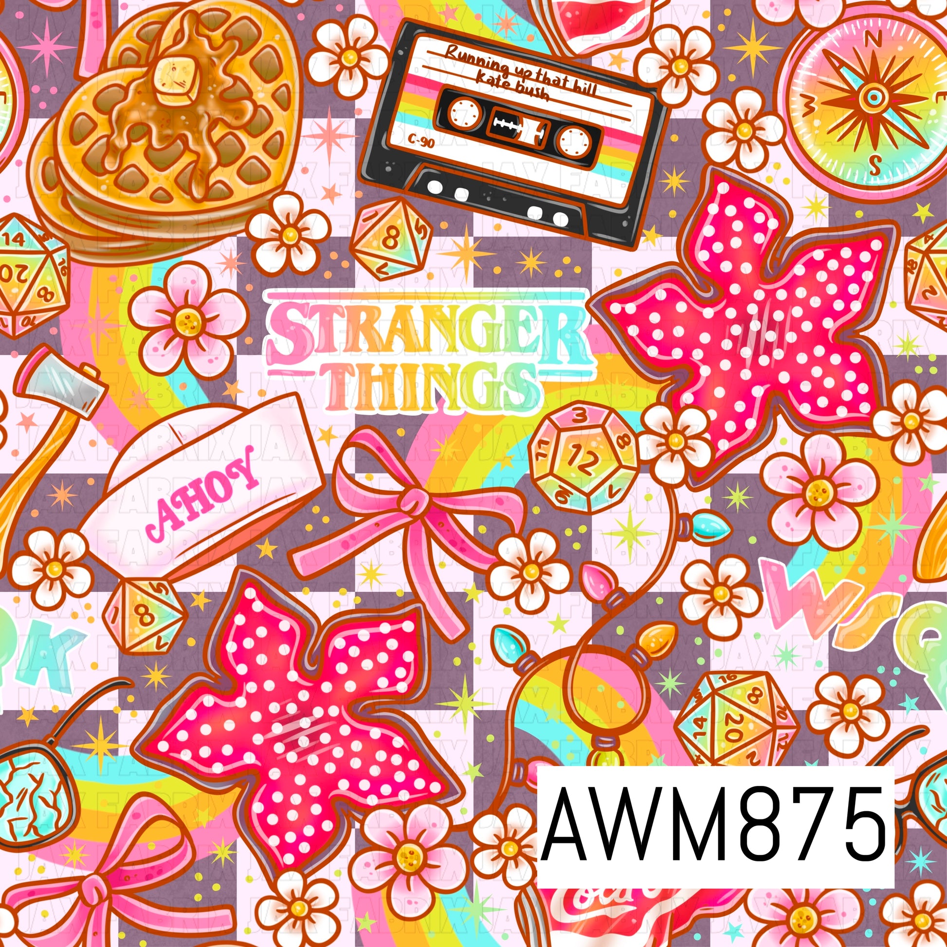 A playful retro-inspired seamless pattern featuring bright pink polka-dot bows, rainbow accents, cassette tapes, waffles, floral blossoms, tabletop gaming dice, a compass, string lights, and sparkling stars. Set on a soft charcoal lavender checkered background, this colorful design blends nostalgic 80s vibes with whimsical pastel details for a fun and vibrant aesthetic.