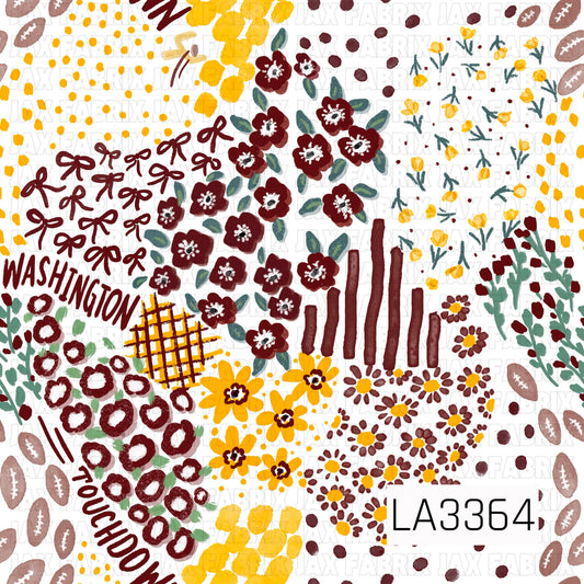 A hand-drawn Washington-inspired print featuring deep burgundy and golden yellow florals, scattered bows, footballs, abstract brushstrokes, and leafy accents. “Washington” and “Touchdown” lettering are mixed throughout, with rich team-inspired colors and a playful, artsy feel.
