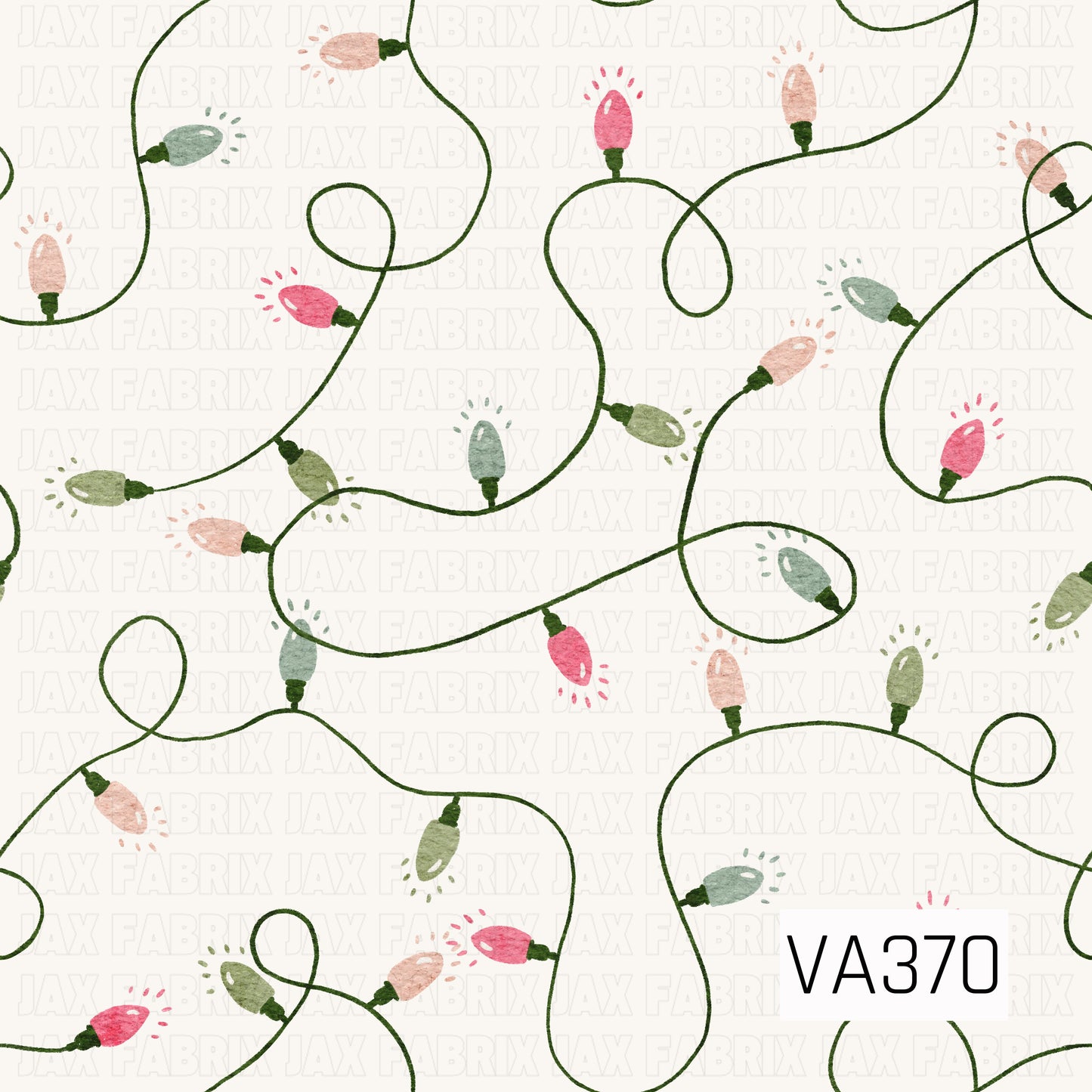 A whimsical watercolor Christmas pattern featuring looping strands of holiday lights across a soft cream background. The hand-painted bulbs alternate between pink, blush, sage green, and dusty blue, connected by winding dark green cords for a playful festive look.
