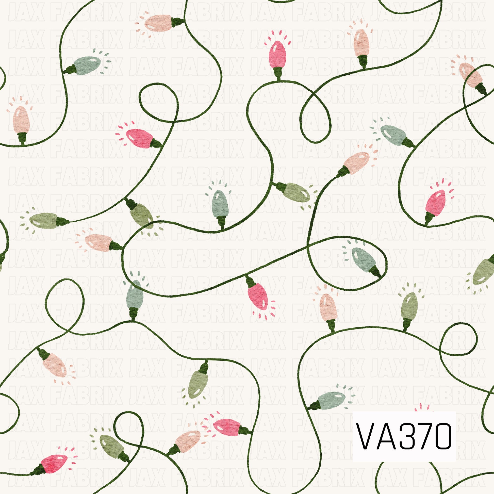 A whimsical watercolor Christmas pattern featuring looping strands of holiday lights across a soft cream background. The hand-painted bulbs alternate between pink, blush, sage green, and dusty blue, connected by winding dark green cords for a playful festive look.
