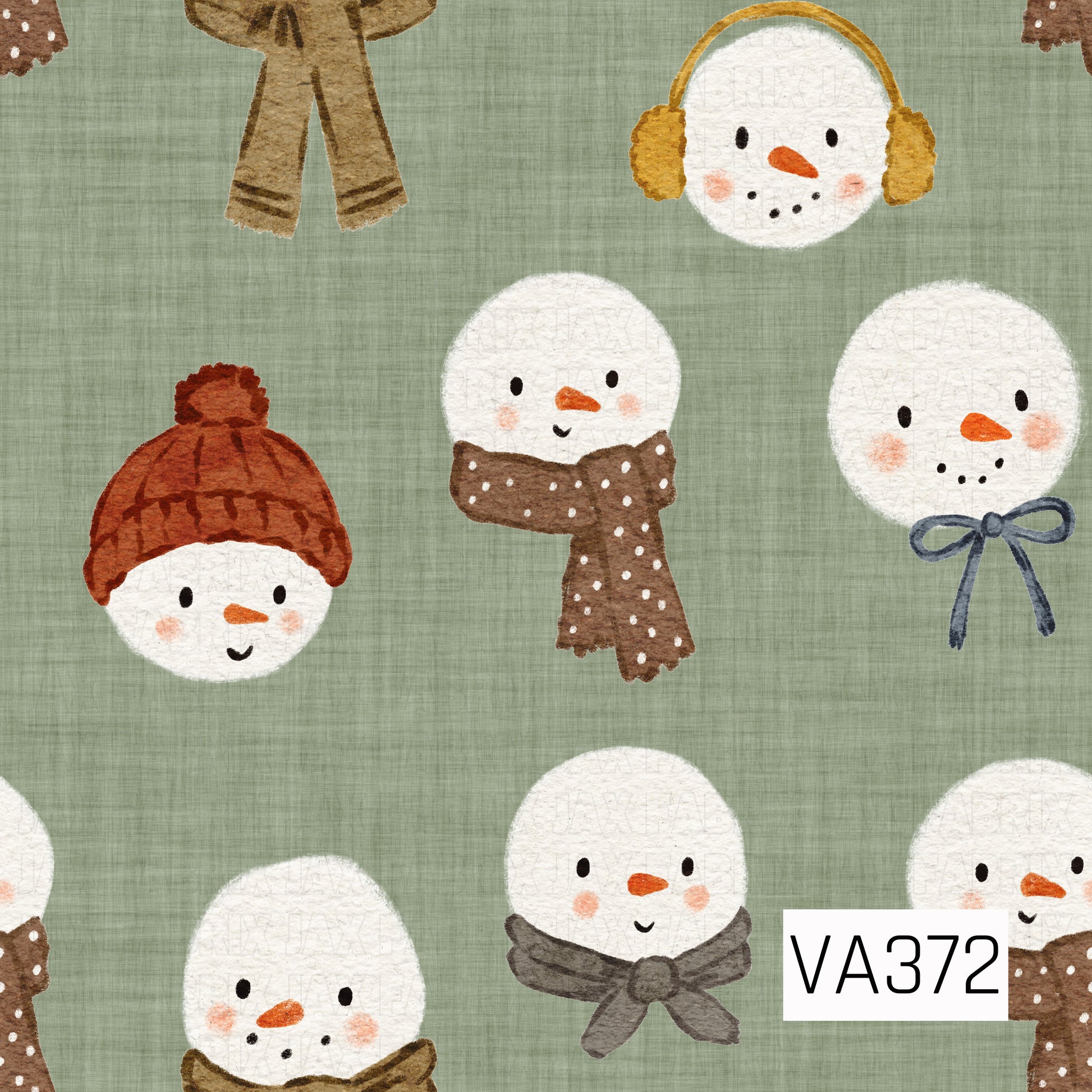 A cozy watercolor Christmas pattern featuring sweet snowmen on a textured sage green background. The snowmen wear warm earth-toned accessories in rust, mustard, brown, charcoal, and navy, including knit hats, scarves, earmuffs, and bows, with rosy cheeks and orange carrot noses.
