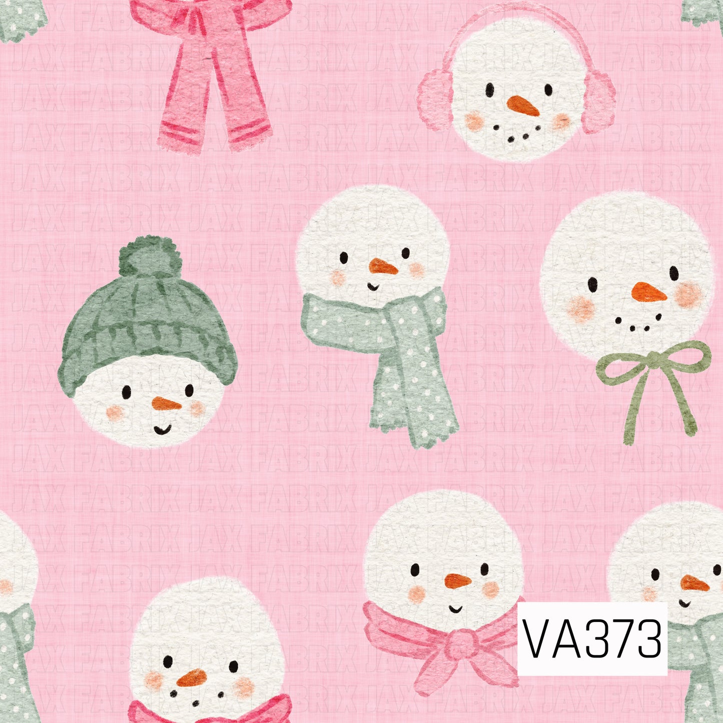 A sweet watercolor Christmas pattern featuring cheerful snowmen on a soft pink textured background. The snowmen are dressed in cozy dusty sage and pink accessories, including knit hats, scarves, earmuffs, and dainty bows, with rosy cheeks and classic carrot noses.
