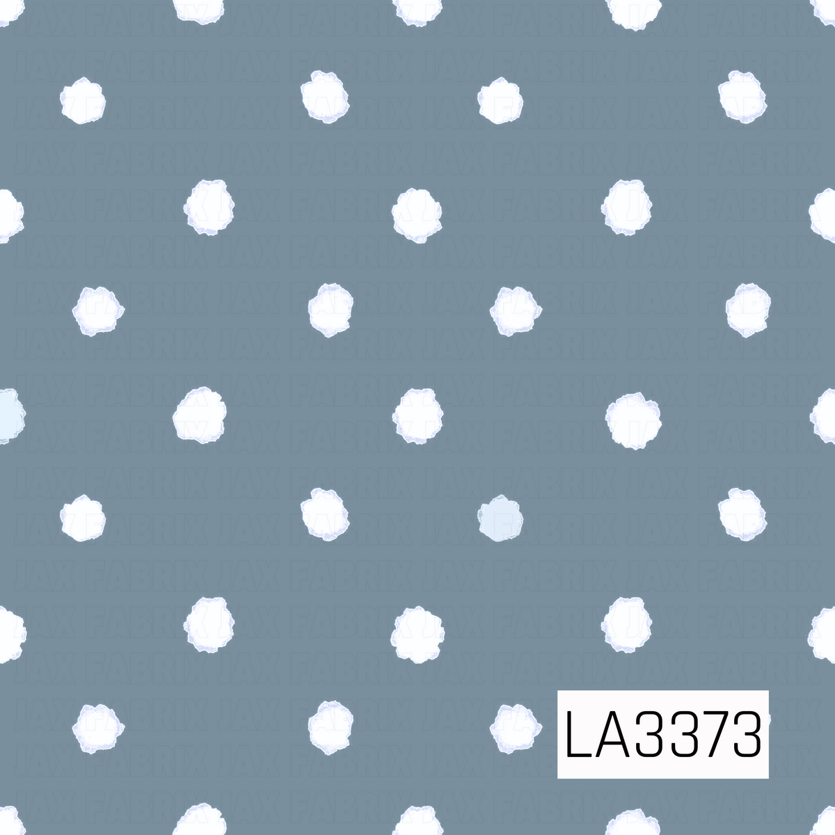 A classic watercolor polka dot pattern featuring soft white dots with slightly uneven, hand-painted edges arranged in staggered rows across a muted dusty blue background. The subtle watercolor texture gives this simple design a sweet, playful feel.