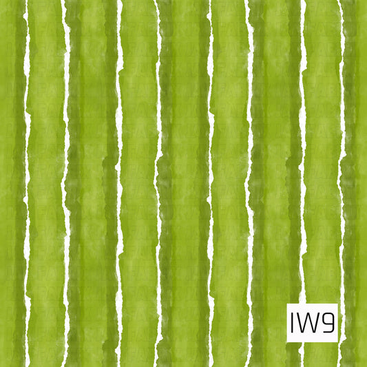 A fresh, vibrant watermelon rind-inspired stripe pattern featuring alternating shades of bright lime and olive green. Irregular, wavy vertical stripes with watercolor-like textures are separated by thin white lines, creating a playful, hand-painted look.