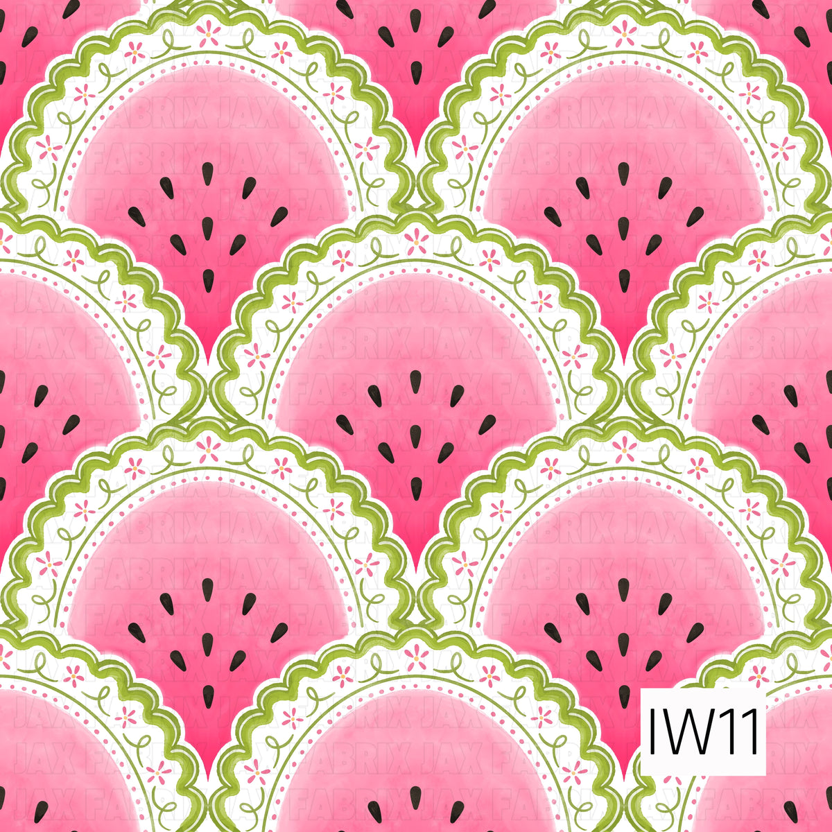 A sweet and playful summer pattern featuring rows of juicy pink watermelon slices with scattered black teardrop-shaped seeds and soft watercolor textures. Each slice is surrounded by an intricate white scalloped border outlined in fresh lime green, decorated with delicate pink five-petal flowers, whimsical curling green vines, and tiny pink dotted accents. The overlapping scalloped edges create a charming, vintage-inspired lace effect against a vibrant watermelon pink background sprinkled with black seeds.