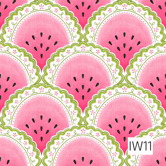 A sweet and playful summer pattern featuring rows of juicy pink watermelon slices with scattered black teardrop-shaped seeds and soft watercolor textures. Each slice is surrounded by an intricate white scalloped border outlined in fresh lime green, decorated with delicate pink five-petal flowers, whimsical curling green vines, and tiny pink dotted accents. The overlapping scalloped edges create a charming, vintage-inspired lace effect against a vibrant watermelon pink background sprinkled with black seeds.