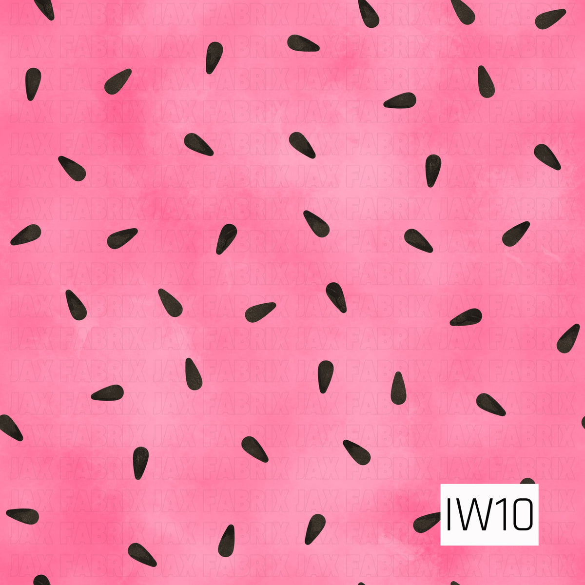 A bright watermelon-inspired pattern featuring scattered black teardrop-shaped seeds across a vibrant pink background. Subtle watercolor textures and variations in the pink tones give this simple, playful design a soft, hand-painted look.