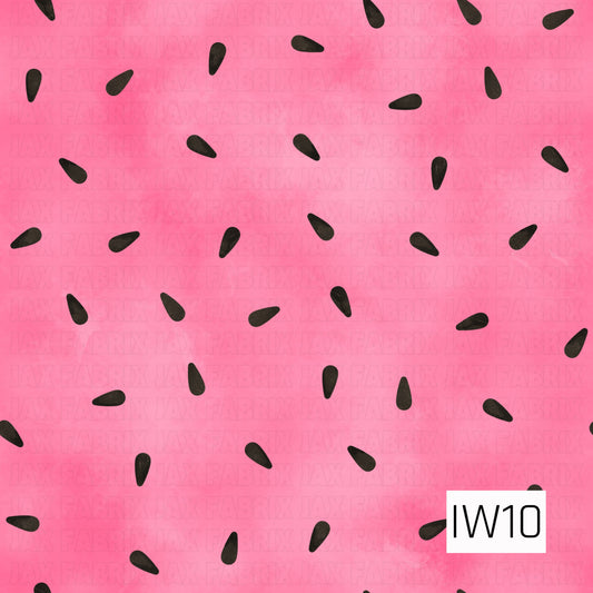 A bright watermelon-inspired pattern featuring scattered black teardrop-shaped seeds across a vibrant pink background. Subtle watercolor textures and variations in the pink tones give this simple, playful design a soft, hand-painted look.