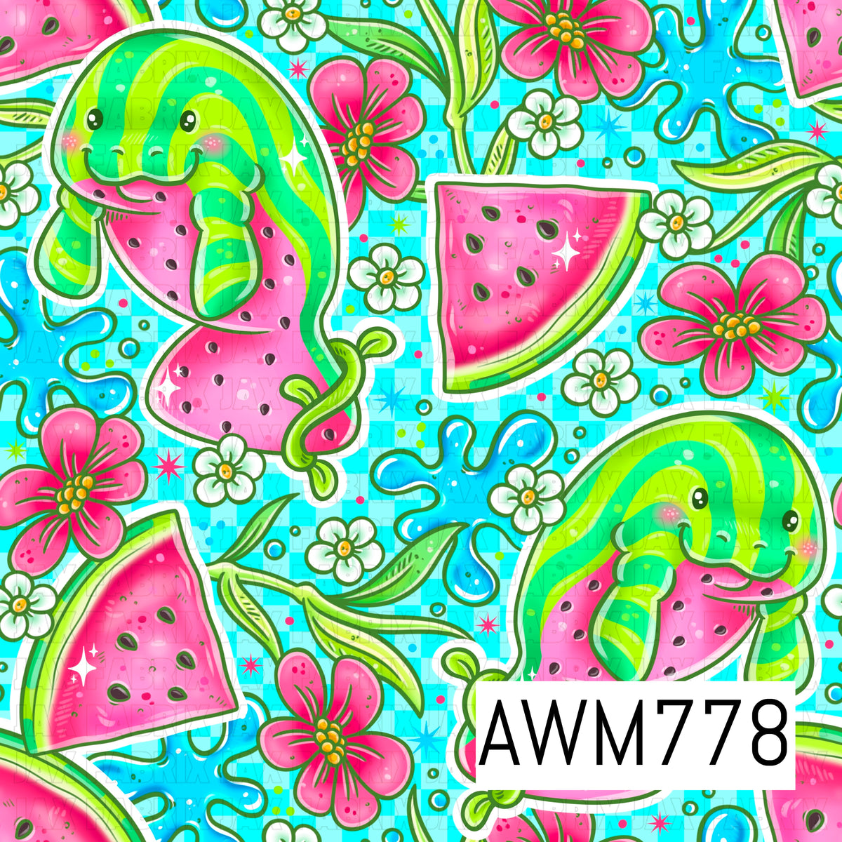 A vibrant seamless pattern featuring adorable watermelon manatees with juicy watermelon slices, tropical flowers, leafy vines, blue splash accents, and tiny blossoms on a bright aqua checkered background. This cheerful summer-inspired design is perfect for apparel, quilts, blankets, bows, bags, beach accessories, and other fun sewing and crafting projects.