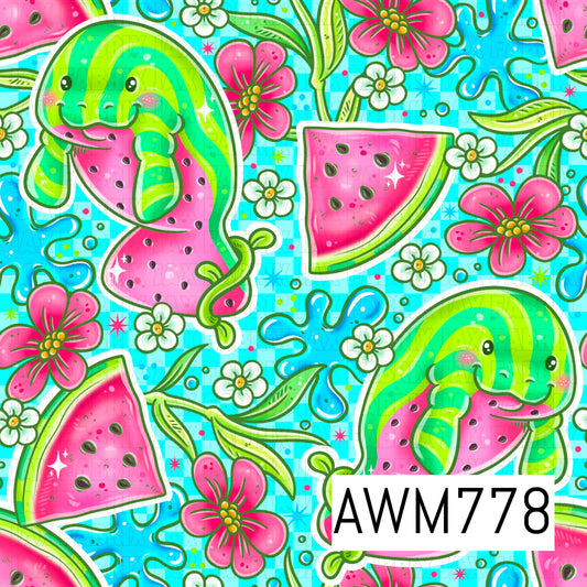 A vibrant seamless pattern featuring adorable watermelon manatees with juicy watermelon slices, tropical flowers, leafy vines, blue splash accents, and tiny blossoms on a bright aqua checkered background. This cheerful summer-inspired design is perfect for apparel, quilts, blankets, bows, bags, beach accessories, and other fun sewing and crafting projects.