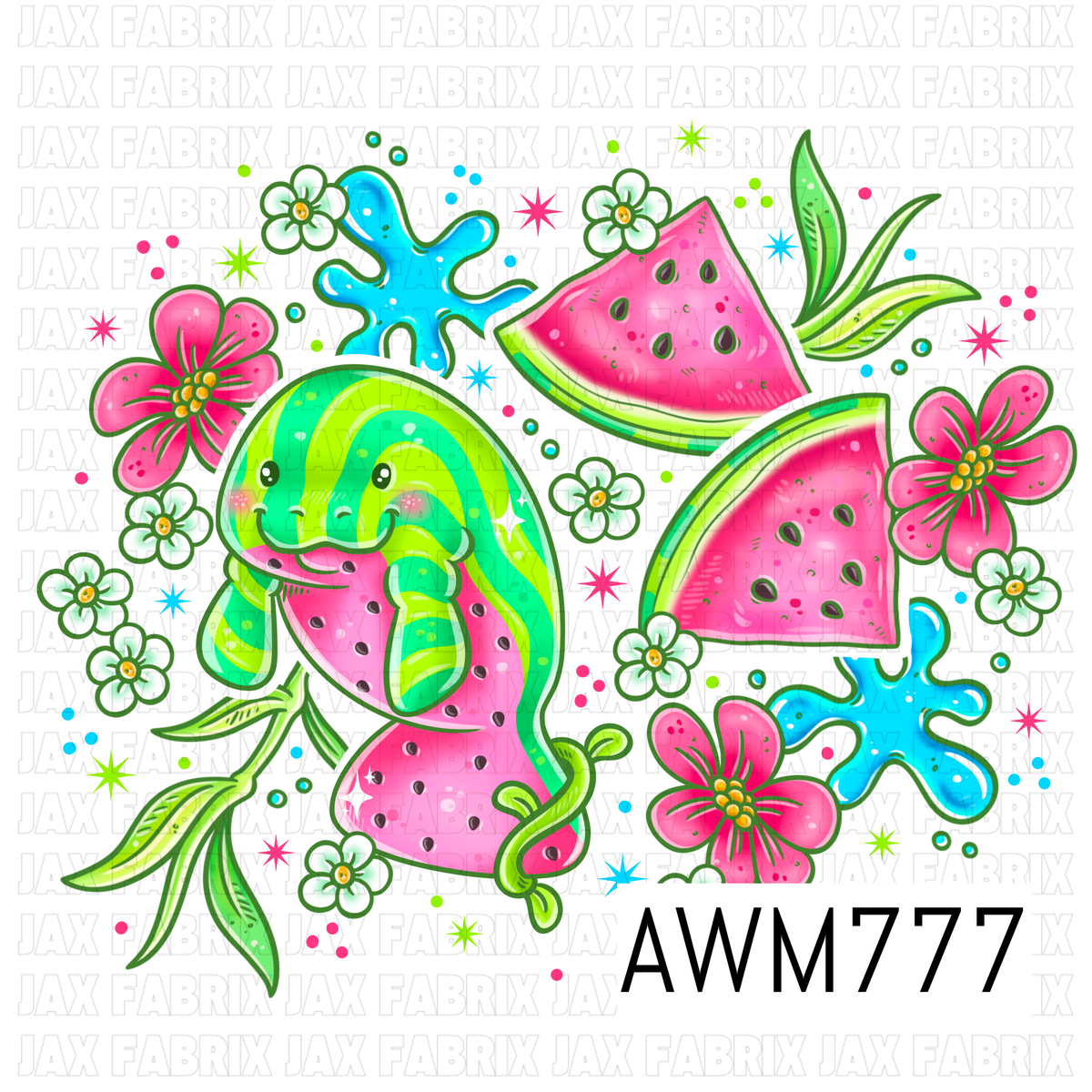 A vibrant PNG featuring an adorable green manatee hugging a juicy watermelon slice, surrounded by watermelon wedges, tropical flowers, leafy vines, blue splash accents, and tiny blossoms. This cheerful summer-themed artwork is perfect for apparel, bows, bags, stickers, tumblers, beach accessories, and other fun sewing and crafting projects.