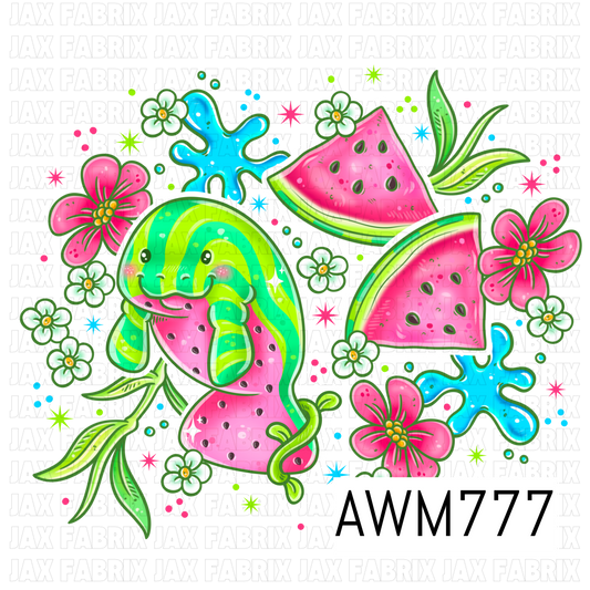 A vibrant PNG featuring an adorable green manatee hugging a juicy watermelon slice, surrounded by watermelon wedges, tropical flowers, leafy vines, blue splash accents, and tiny blossoms. This cheerful summer-themed artwork is perfect for apparel, bows, bags, stickers, tumblers, beach accessories, and other fun sewing and crafting projects.