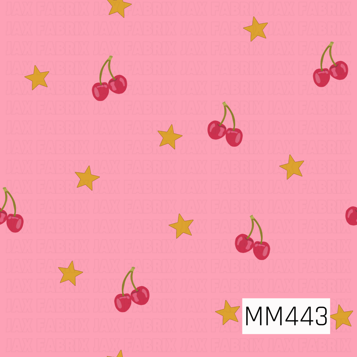 A sweet retro-inspired pattern featuring bright red cherries with olive green stems and scattered golden yellow stars on a soft bubblegum pink background. The simple, spaced-out layout gives it a playful vintage feel.