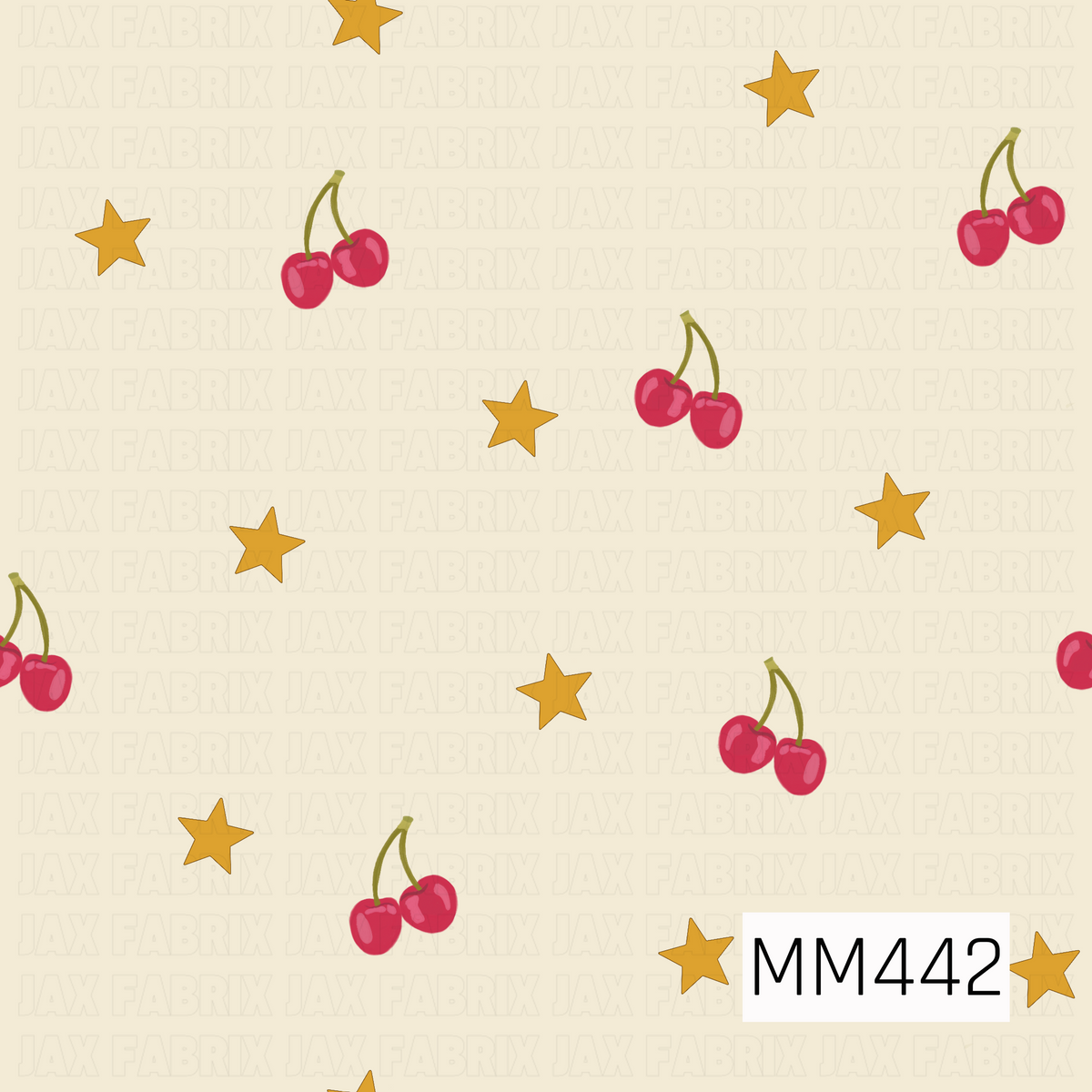 A simple, playful pattern featuring pairs of bright red cherries with olive green stems scattered among golden yellow stars. Set against a warm cream background, the spaced-out design has a sweet retro feel with plenty of open space.