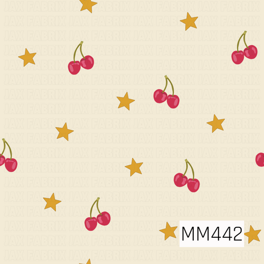 A simple, playful pattern featuring pairs of bright red cherries with olive green stems scattered among golden yellow stars. Set against a warm cream background, the spaced-out design has a sweet retro feel with plenty of open space.