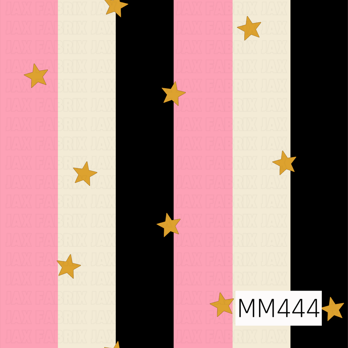 A bold retro stripe pattern featuring wide vertical bands of bubblegum pink, warm cream, and black, accented with scattered golden yellow stars. The contrasting colors and simple layout give it a playful vintage feel.