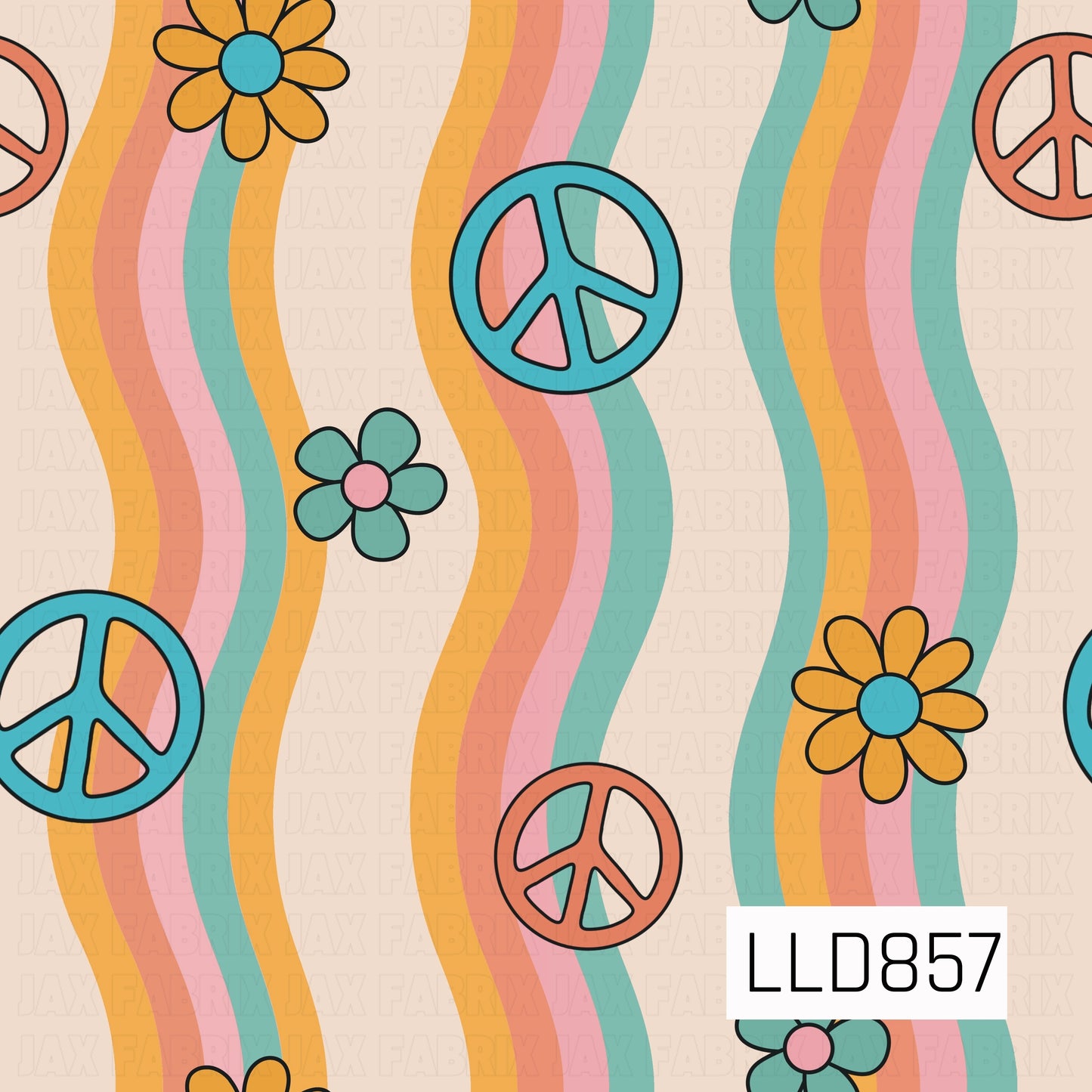 A fun retro-inspired design featuring wavy stripes in coral, pink, golden yellow, and teal on a soft cream background. Colorful peace signs and cheerful daisy-style flowers are scattered throughout for a playful, groovy look.

