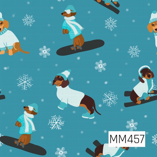 A playful winter pattern featuring adorable dachshunds bundled up in cozy sweaters, scarves, hats, earmuffs, and boots. The pups are shown enjoying snowy activities, including snowboarding and skiing, surrounded by white snowflakes and softly falling snow on a bright icy blue background.