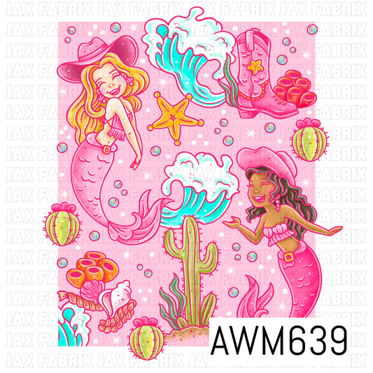 A whimsical PNG design featuring two cowgirl mermaids surrounded by playful western and ocean-inspired elements. Bright pinks, turquoise, lime green and golden yellow highlight cowboy hats, boots, cacti, waves, starfish, coral and sparkling details.