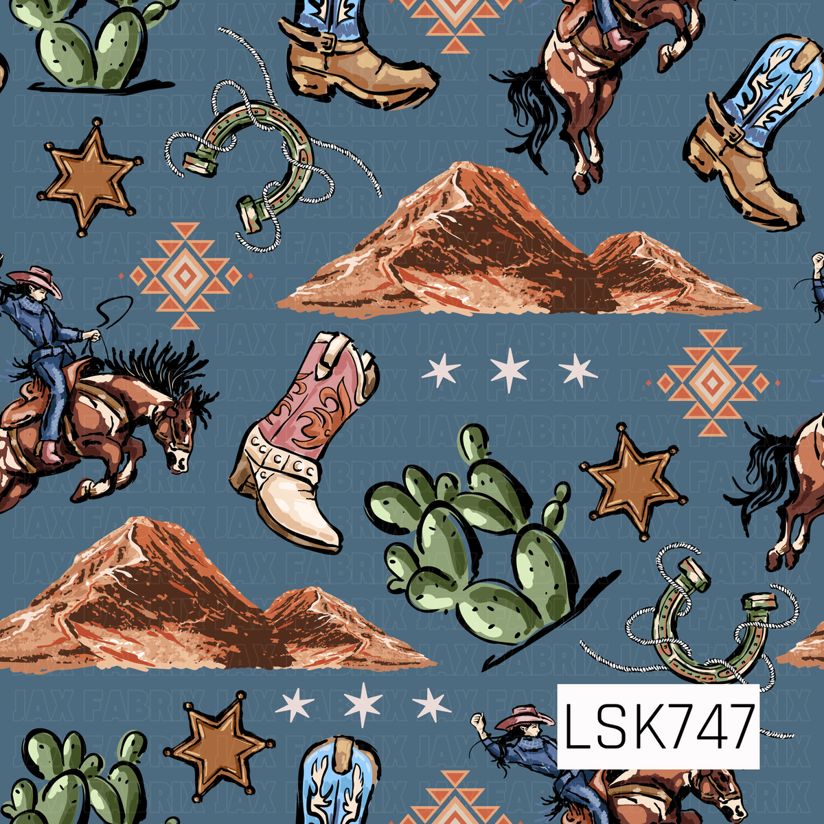 A vintage western print featuring bucking broncos, cowboys, cowboy boots, cacti, horseshoes, sheriff stars, desert mountains, and southwestern accents. Muted blue, rust, tan, sage green, and dusty pink give it a rugged retro western feel.
