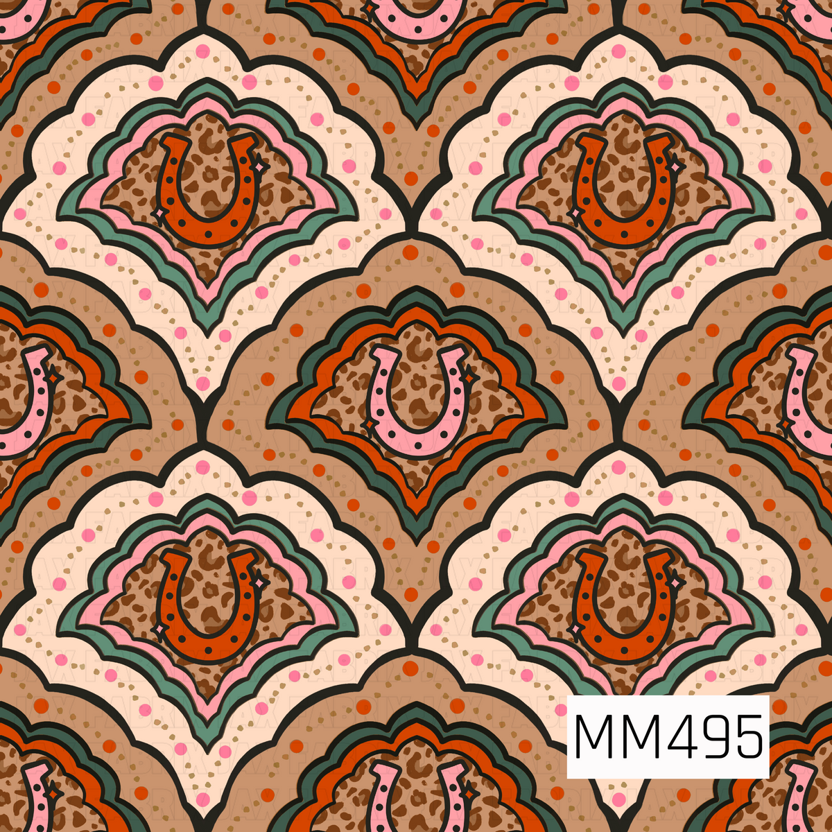 A bold retro western pattern featuring repeating layered scalloped fan motifs with playful horseshoes centered throughout. Each fan is built from curved layers of warm camel brown, creamy ivory, dusty pink, deep sage green, and vibrant burnt orange, all accented with thick black outlines for a striking graphic look. The centers feature a hand-painted leopard print in rich chocolate brown over a warm tan base, topped with alternating burnt orange and pink horseshoes decorated with small black stud-like dots 