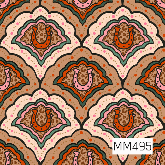 A bold retro western pattern featuring repeating layered scalloped fan motifs with playful horseshoes centered throughout. Each fan is built from curved layers of warm camel brown, creamy ivory, dusty pink, deep sage green, and vibrant burnt orange, all accented with thick black outlines for a striking graphic look. The centers feature a hand-painted leopard print in rich chocolate brown over a warm tan base, topped with alternating burnt orange and pink horseshoes decorated with small black stud-like dots 