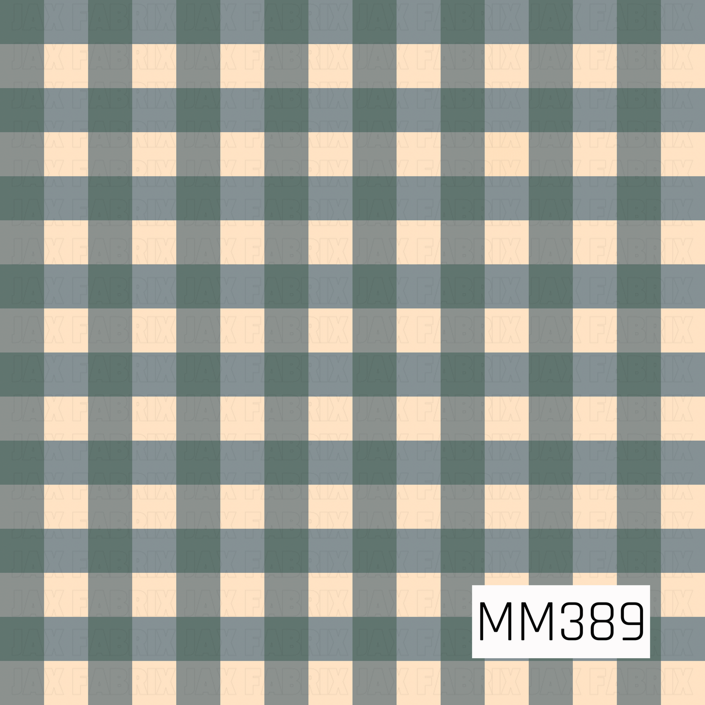 A classic oversized gingham plaid featuring soft sage and muted blue-gray checks layered over a warm cream background. The subtle, earthy color palette gives this timeless pattern a cozy, rustic feel.
