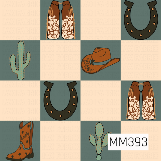 A western checkerboard pattern featuring cowboy hats, horseshoes, fringed floral chaps, cowboy boots, and turquoise cacti. The illustrations alternate across muted dusty teal and warm cream squares for a playful retro western look.
