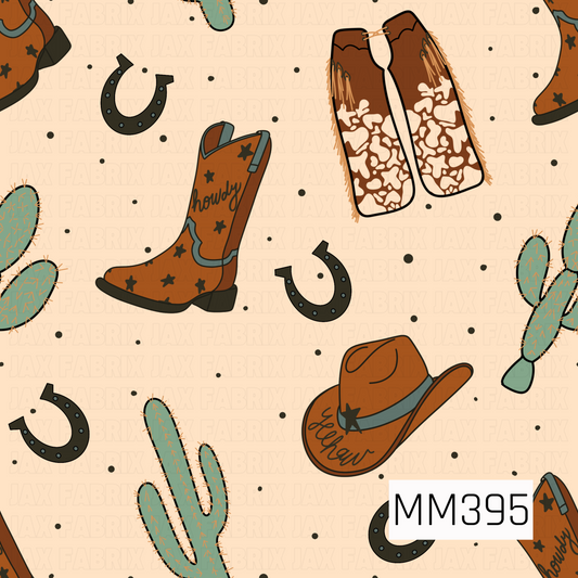A playful western pattern featuring cowboy boots, chaps, horseshoes, cowboy hats, and turquoise cacti scattered across a warm cream background. Rich rust brown, earthy teal, and black accents give it a fun retro western feel.
