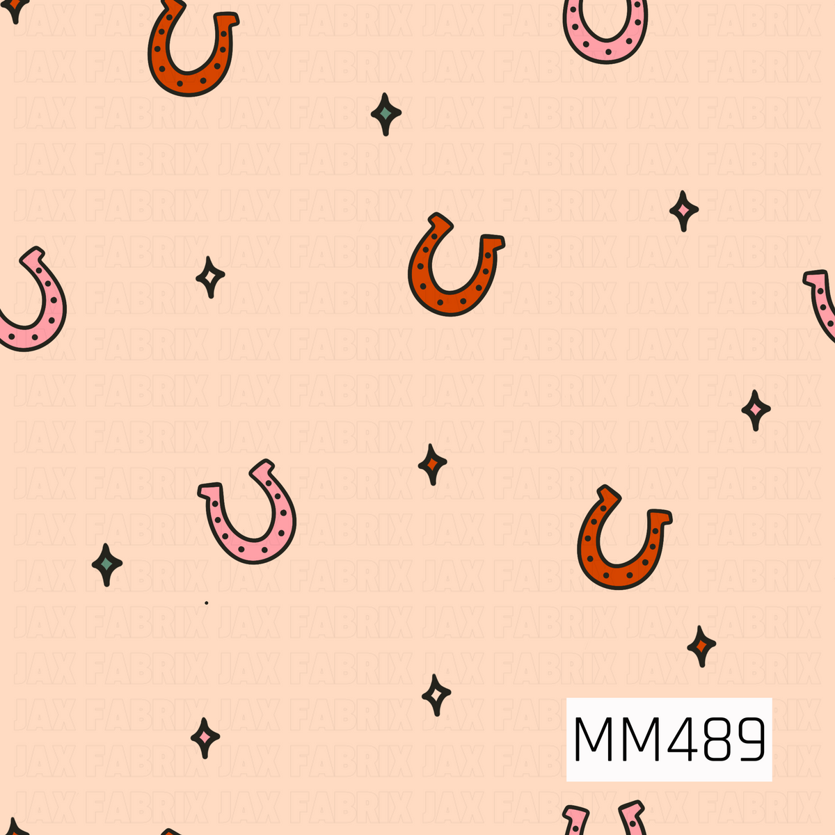 A playful western-inspired pattern featuring pink and burnt orange horseshoes scattered across a warm cream background. Small retro sparkle accents in pink, orange, cream, and muted green add a fun, girly cowgirl touch.