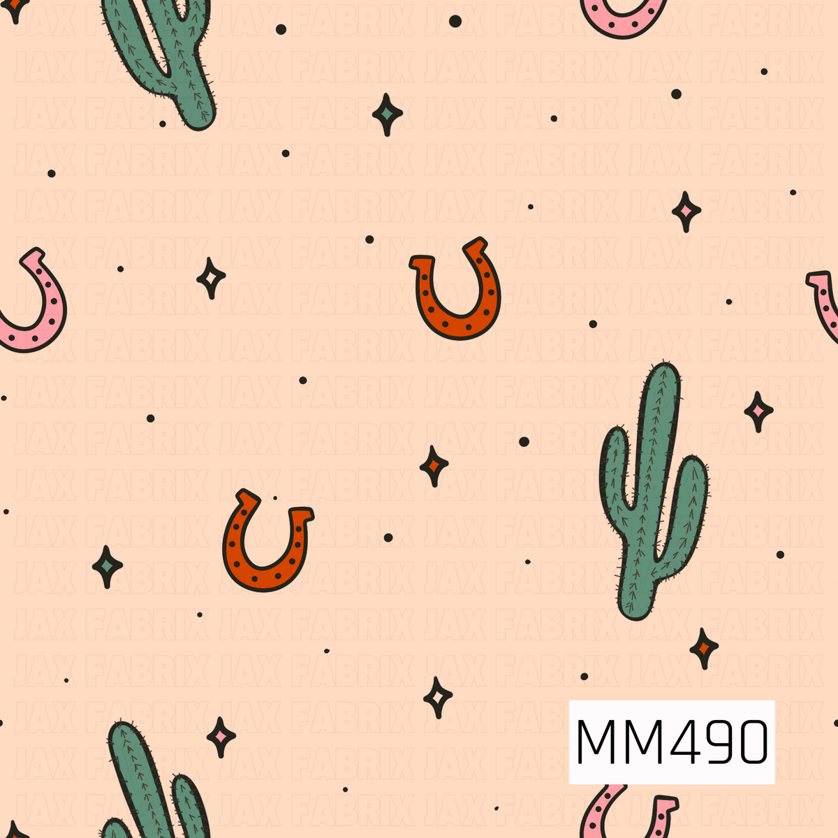 A playful western-inspired pattern featuring hand-drawn green saguaro cacti paired with pink and burnt orange horseshoes. Retro diamond-shaped sparkles in pink, orange, green, and cream are scattered throughout, along with tiny black dots for added texture. Set against a soft peachy cream background, the design has a fun desert cowgirl feel with a slightly vintage, whimsical style.