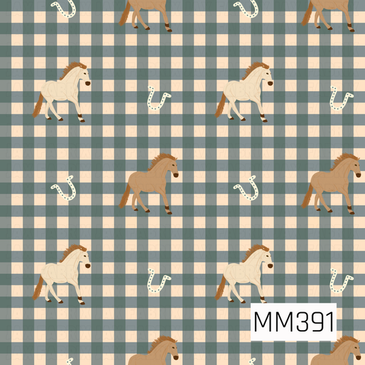 A western-inspired seamless pattern featuring cream and tan horses paired with scattered horseshoes over a soft dusty teal and cream gingham background.
