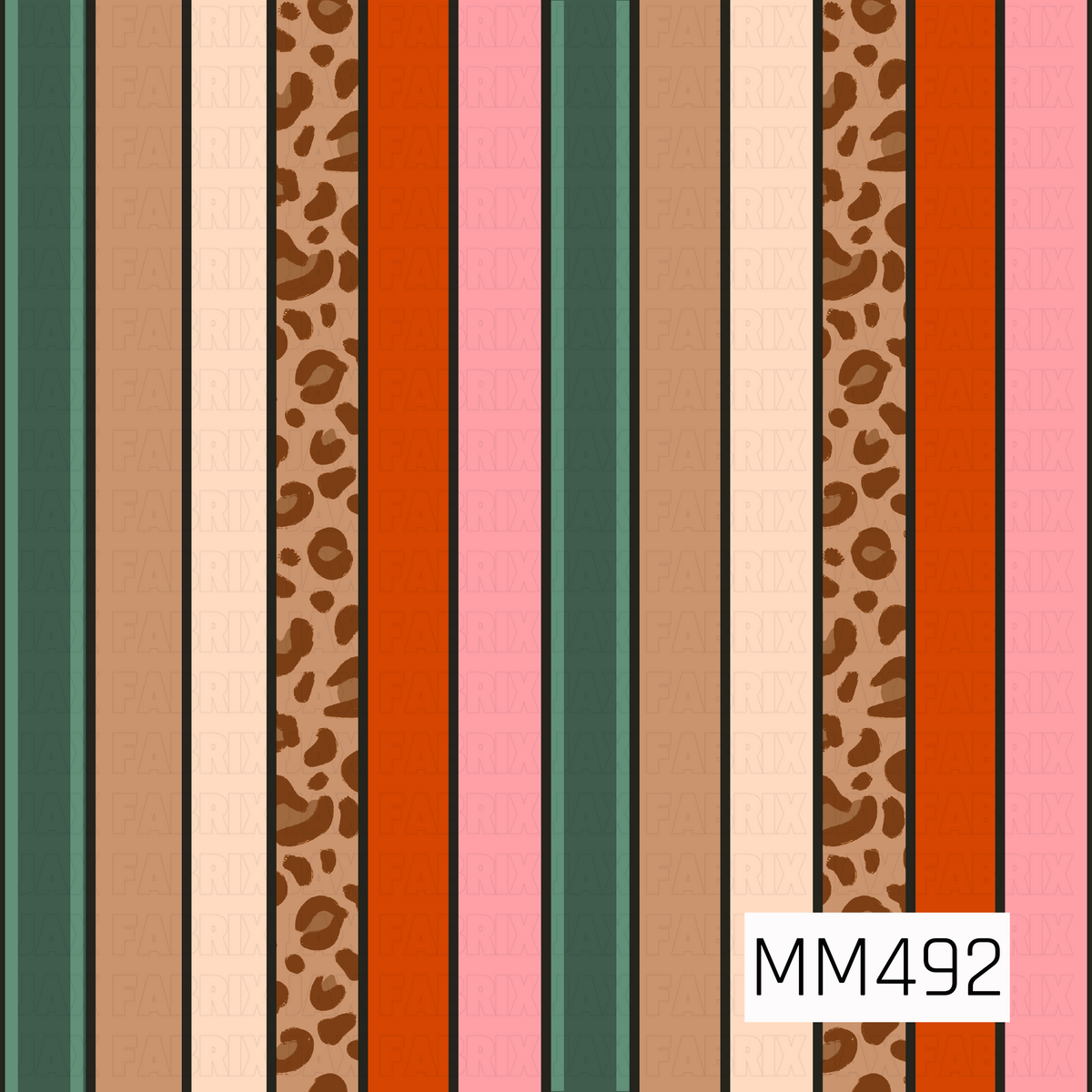 A bold western-inspired vertical stripe pattern combining earthy neutrals with playful pops of color. Wide stripes alternate between deep forest green, warm camel brown, soft creamy ivory, rich burnt orange, and bubblegum pink, with thin black lines separating each section for a crisp, graphic look. Several of the stripes feature a hand-painted brown leopard print over a warm tan background, adding a fun animal-print element to the design. The repeating mix of solid colors and leopard spots creates a modern