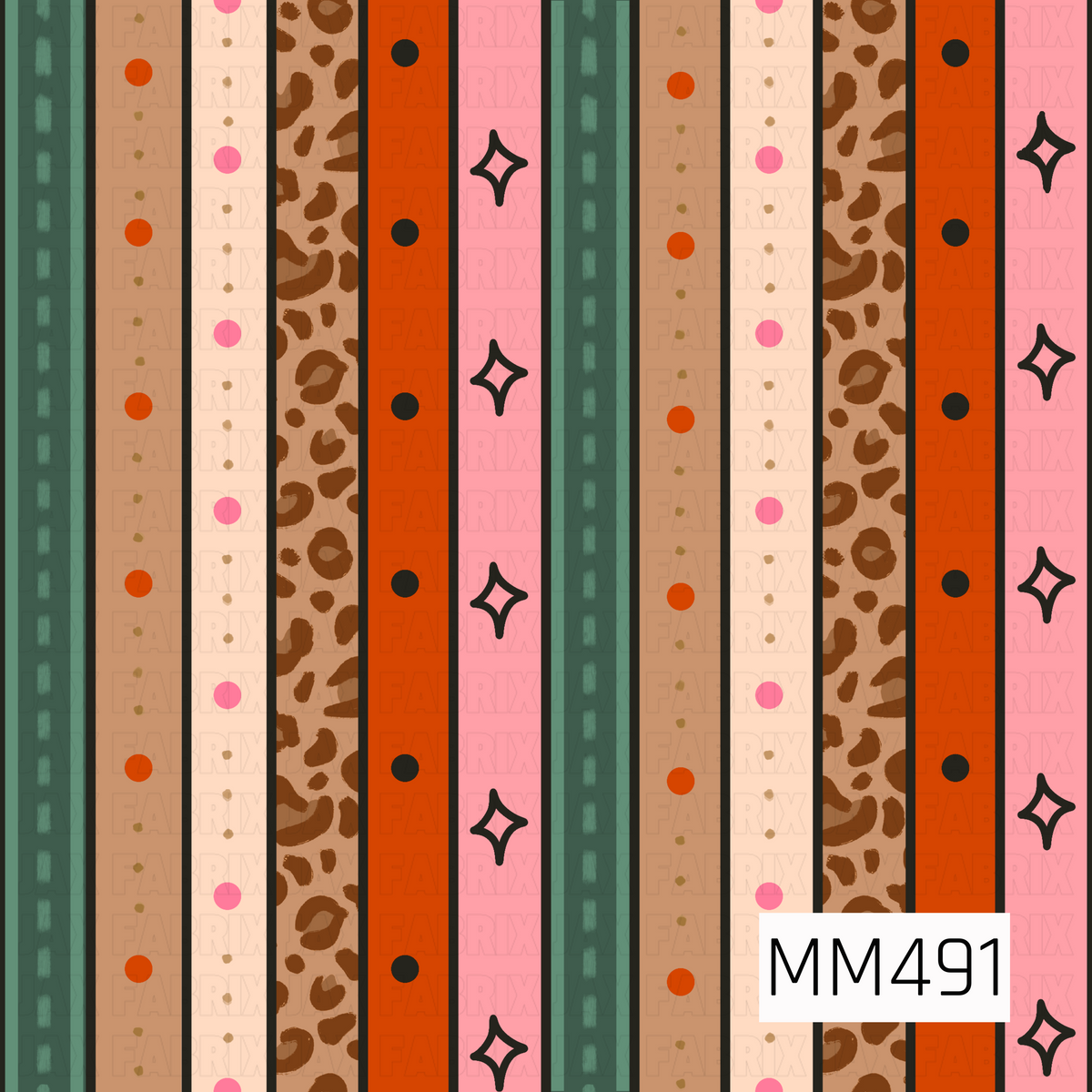 A bold, eclectic stripe pattern featuring a mix of western, retro, and animal-print elements. Vertical stripes alternate between deep sage green with soft hand-painted dash marks, warm camel brown with scattered orange dots and tiny distressed speckles, creamy ivory with bright pink dots and subtle tan accents, and a classic brown leopard print. Vibrant burnt orange stripes are decorated with oversized black polka dots, while bubblegum pink stripes feature chunky black outlined retro sparkle shapes. Thin bl