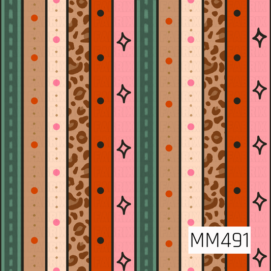 A bold, eclectic stripe pattern featuring a mix of western, retro, and animal-print elements. Vertical stripes alternate between deep sage green with soft hand-painted dash marks, warm camel brown with scattered orange dots and tiny distressed speckles, creamy ivory with bright pink dots and subtle tan accents, and a classic brown leopard print. Vibrant burnt orange stripes are decorated with oversized black polka dots, while bubblegum pink stripes feature chunky black outlined retro sparkle shapes. Thin bl