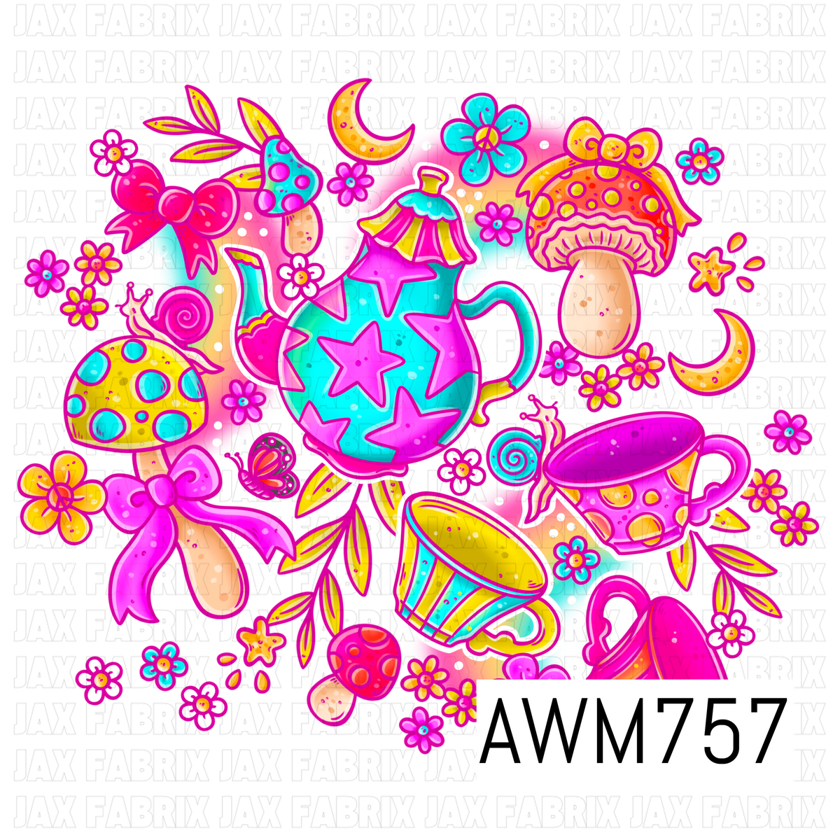 A whimsical PNG featuring a colorful teapot, teacups, vibrant mushrooms, flowers, bows, butterflies, crescent moons, and playful botanical accents in bright shades of pink, teal, yellow, orange, and purple. Perfect for custom apparel, bags, stickers, tumblers, journals, stationery, party décor, and other fantasy-inspired handmade creations.