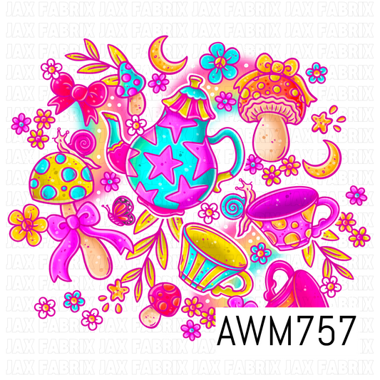 A whimsical PNG featuring a colorful teapot, teacups, vibrant mushrooms, flowers, bows, butterflies, crescent moons, and playful botanical accents in bright shades of pink, teal, yellow, orange, and purple. Perfect for custom apparel, bags, stickers, tumblers, journals, stationery, party décor, and other fantasy-inspired handmade creations.