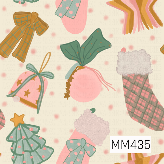 A whimsical Christmas pattern featuring playful holiday favorites in a soft pink, mint, green, and gold palette. The design includes fluffy plaid stockings, vintage bells, Christmas trees, oversized bows, ornaments, holly leaves, and retro starbursts scattered across a warm cream background with soft pink dots.

