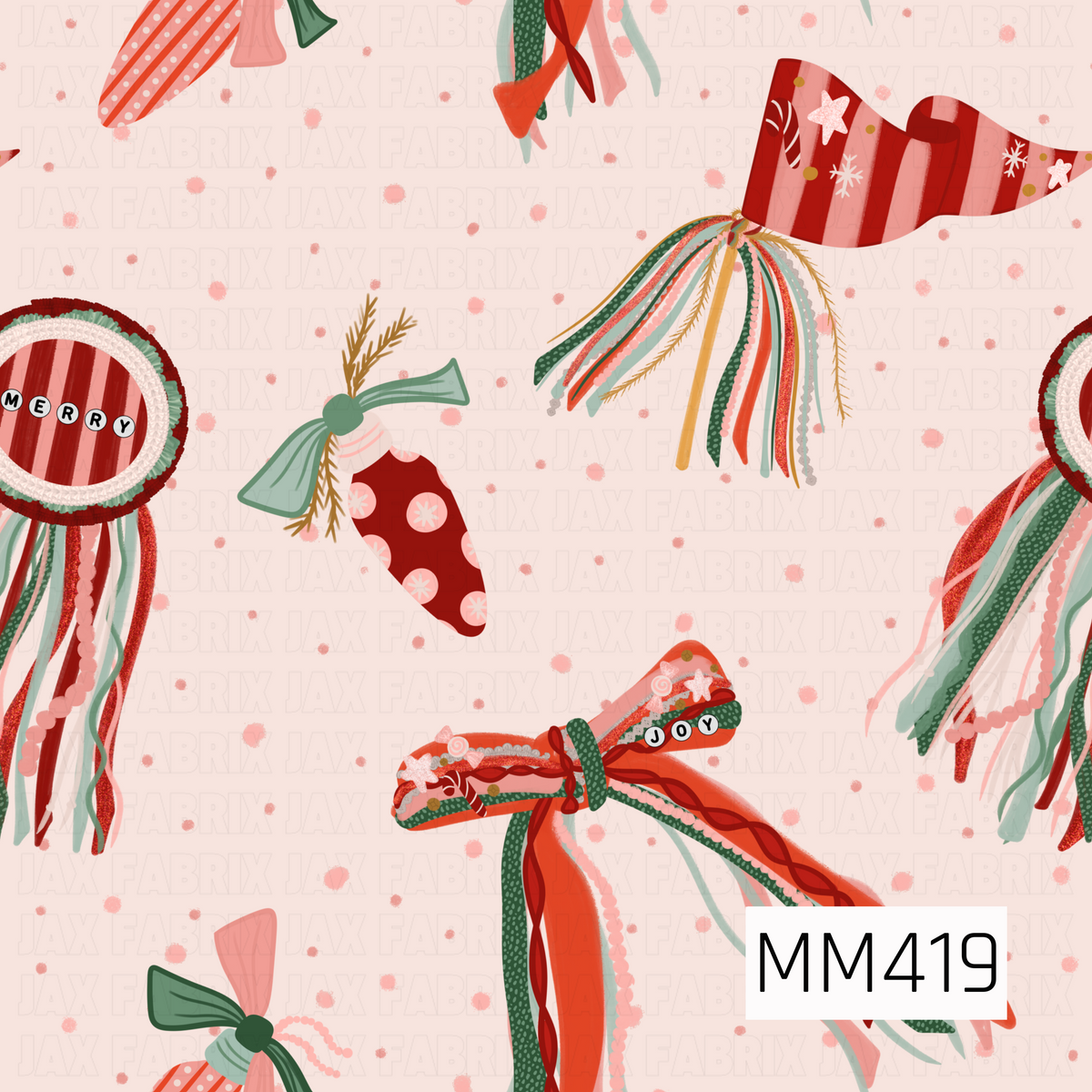 A whimsical Christmas pattern featuring oversized ribbon bows, festive ornaments, and flowing tassel-style decorations in red, coral pink, sage green, mint, and touches of gold. Playful stripes, polka dots, snowflakes, stars, and “Merry” and “Joy” accents are scattered across a soft blush pink background.
