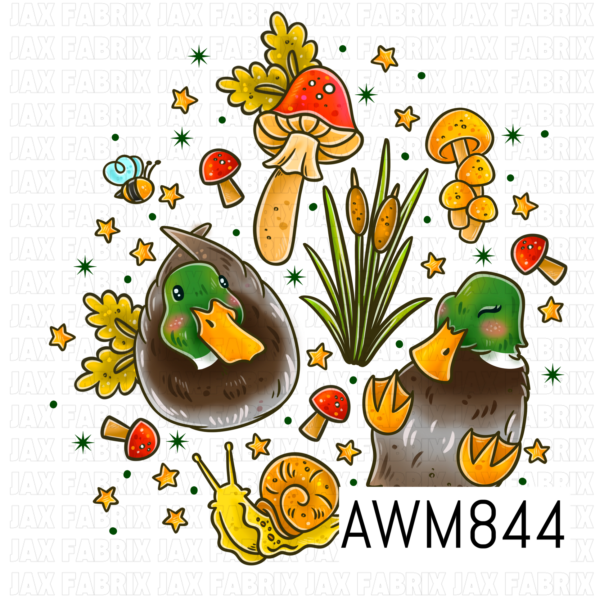 A transparent-background woodland clipart collection featuring two adorable mallard ducks with green heads and brown feathers, surrounded by cattails, red and yellow mushrooms, a smiling snail, a buzzing bee, golden star accents, and scattered greenery. The design uses warm autumn-inspired colors with charming hand-drawn details, making it perfect for rustic, nature, camping, and cottagecore-themed projects.