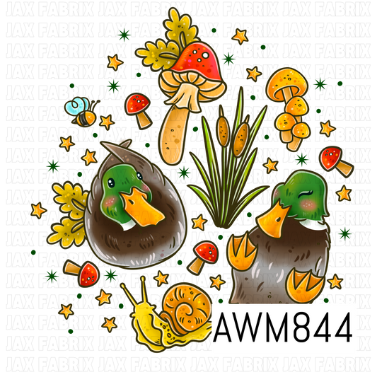A transparent-background woodland clipart collection featuring two adorable mallard ducks with green heads and brown feathers, surrounded by cattails, red and yellow mushrooms, a smiling snail, a buzzing bee, golden star accents, and scattered greenery. The design uses warm autumn-inspired colors with charming hand-drawn details, making it perfect for rustic, nature, camping, and cottagecore-themed projects.