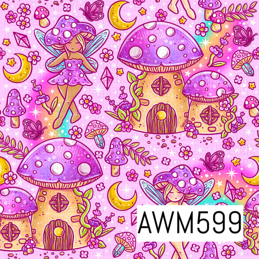 A whimsical fairy garden seamless design featuring purple mushroom houses, mushroom fairies, butterflies, crescent moons, crystals and tiny florals. Bright pinks, purples, aqua and pops of yellow create a colorful magical woodland feel.
Perfect for fairy-themed apparel, fabric, bows, bags, blankets, accessories and whimsical kids’ projects.