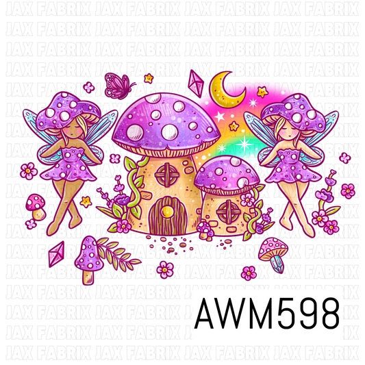A whimsical fairy garden PNG featuring two mushroom fairies surrounding colorful mushroom houses, accented with crystals, butterflies, flowers, stars and a crescent moon. Bright pinks and purples pair with a rainbow glow for a magical woodland feel.
Perfect for shirt designs, fabric panels, bags, blankets, pillows and other fairy or fantasy-themed projects.