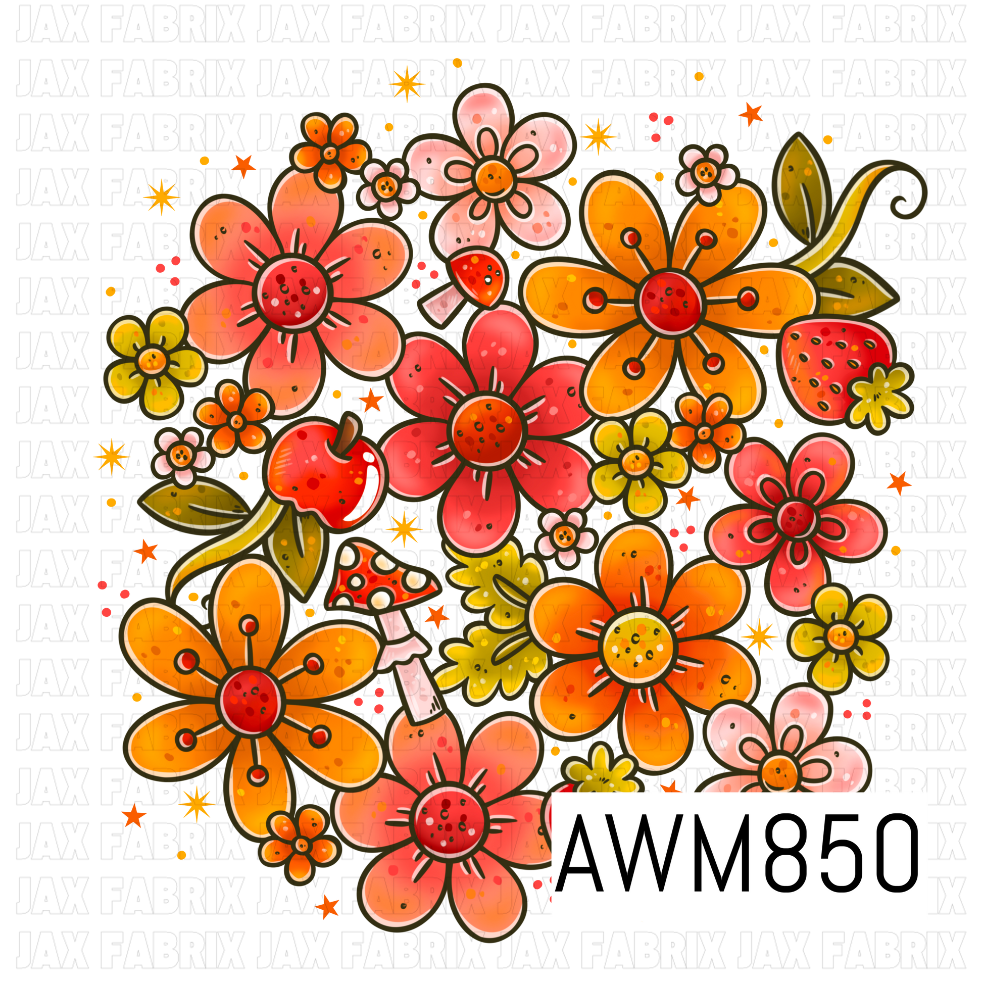 A coordinating PNG clipart arrangement featuring retro-inspired flowers in warm shades of orange, coral, pink, and yellow, accented with strawberries, an apple, a mushroom, leafy vines, and tiny blossoms. Scattered stars and playful dots add extra charm, creating a whimsical vintage floral composition with cozy cottagecore and groovy flower-power vibes on a transparent background.