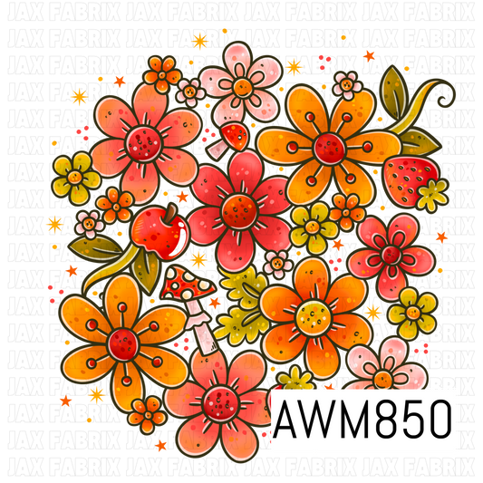 A coordinating PNG clipart arrangement featuring retro-inspired flowers in warm shades of orange, coral, pink, and yellow, accented with strawberries, an apple, a mushroom, leafy vines, and tiny blossoms. Scattered stars and playful dots add extra charm, creating a whimsical vintage floral composition with cozy cottagecore and groovy flower-power vibes on a transparent background.