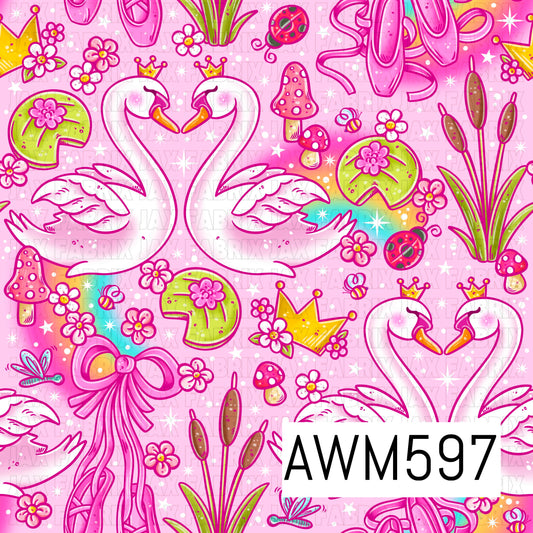 A whimsical swan princess seamless design featuring elegant crowned swans, lily pads, cattails, bows, mushrooms, ladybugs and tiny florals. Soft pinks pair with pops of lime green, aqua and golden yellow for a sweet storybook feel.
Perfect for apparel, fabric, bows, blankets, bags, nursery accessories and whimsical princess-themed projects.