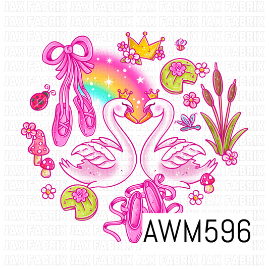 A whimsical swan princess PNG featuring two crowned swans forming a heart, surrounded by pink ballet slippers, bows, lily pads, cattails, mushrooms, flowers and tiny garden details. Bright pink, lime green and golden yellow accents give it a playful fairytale feel.
Perfect for shirt designs, fabric panels, bags, blankets, dance accessories and princess or ballet-themed projects.